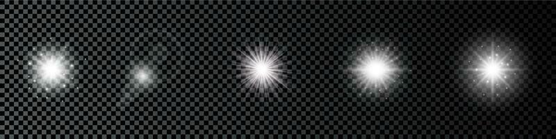 leggero effetto di lente razzi. impostato di cinque bianca raggiante luci starburst effetti con scintille su un' buio sfondo. vettore illustrazione