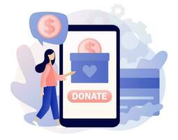 donazione i soldi. minuscolo donna la donazione i soldi. volontario mettendo monete nel donazione scatola nel smartphone app. in linea beneficenza, finanziario supporto concetto. moderno piatto cartone animato stile. vettore illustrazione