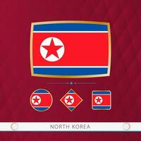 impostato di nord Corea bandiere con oro telaio per uso a sportivo eventi su un' Borgogna astratto sfondo. vettore