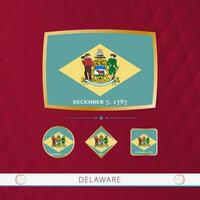 impostato di Delaware bandiere con oro telaio per uso a sportivo eventi su un' Borgogna astratto sfondo. vettore