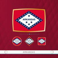 impostato di Arkansas bandiere con oro telaio per uso a sportivo eventi su un' Borgogna astratto sfondo. vettore
