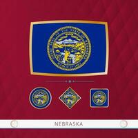 impostato di Nebraska bandiere con oro telaio per uso a sportivo eventi su un' Borgogna astratto sfondo. vettore