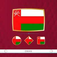 impostato di Oman bandiere con oro telaio per uso a sportivo eventi su un' Borgogna astratto sfondo. vettore