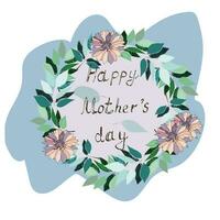 Congratulazioni su La madre di giorno nel un' floreale ghirlanda su un' blu sfondo. lettering nel un' il giro telaio di petali. vettore