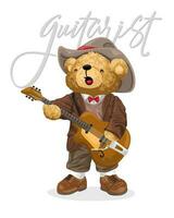 mano disegnato orsacchiotto orso cartone animato giocando chitarra vettore