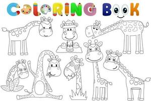 colorazione libro con gruppo di divertente giraffa cartone animato vettore