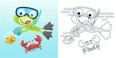 vettore illustrazione di cartone animato carino rana immersione con marino animali. colorazione libro o pagina