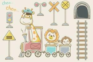 vettore illustrazione di mano disegnato carino animali cartone animato su vapore treno con ferrovia elementi