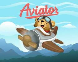 mano disegnato orsacchiotto orso cartone animato pilotato un aereo su blu cielo sfondo vettore