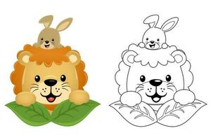 vettore illustrazione di cartone animato divertente Leone con coniglietto su le foglie. colorazione libro o pagina per bambini