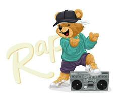 mano disegnato orsacchiotto orso cartone animato nel anca luppolo stile con nastro registratore vettore