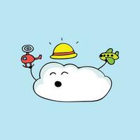 carino nube indossare sole cappello giocando con elicottero e aereo vettore cartone animato portafortuna personaggio vettore illustrazione colore bambini cartone animato clipart