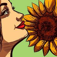 avvicinamento illustrazione di un' donna di viso annusando un' giallo girasole. digitale arte di un' ragazza odorare un' estate fiore. vettore