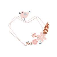 Vector valentine cornice floreale cuore geometrico con bouquet floreale e illustrazione di uccelli fiore