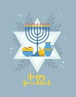 contento hannuka. hanukkah simboli. tradizionale ebraico vacanza saluto carta design con Congratulazioni. menorah, stella di davide, sufganiyot, brocca e dreidel. piatto vettore illustrazione.