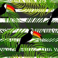 Tropic toucan bird e palm leaf seamless pattern design di sfondo vettore