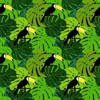 Tropic toucan bird e palm leaf seamless pattern design di sfondo vettore