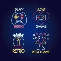 pacchetto di quattro icone e scritte in stile neon di videogiochi vettore