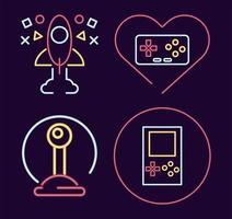 pacchetto di quattro icone in stile neon di videogiochi vettore