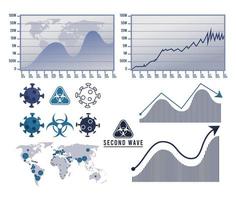 poster della seconda ondata di pandemia di virus covid19 con mappe terrestri e infografica vettore