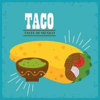 poster messicano di celebrazione del giorno di taco con salsa guacamole vettore