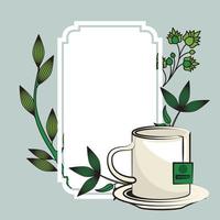 poster di bevanda al tè con tazza e foglie vettore