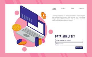 tecnologia di analisi dei dati con computer portatile e modello di pagina web vettore