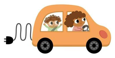 madre e bambino guida elettro macchina. alternativa trasporto concetto. terra giorno illustrazione con famiglia su ecologico trasporto. emissione ridurre icona vettore