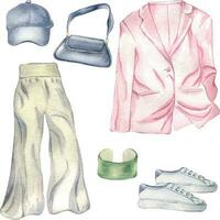 impostato di donna di Abiti blazer, i pantaloni, scarpe da ginnastica, berretto acquerello illustrazione isolato su bianca. donna di estate attrezzatura mano disegnato. design per negozio, saldi, rivista, confezione, vetrina, modello vettore