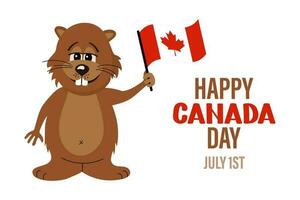 contento Canada giorno. carino divertente castoro personaggio con Canada bandiera. saluto carta, manifesto, striscione. illustrazione, vettore
