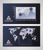 poster della seconda ondata di pandemia di virus covid19 con mappe e statistiche dei continenti vettore
