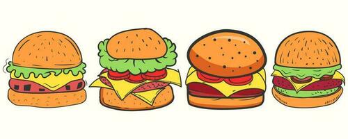 carino disegnato a mano hamburger icona illustrazione impostato nel cartone animato stile vettore