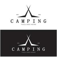 Vintage ▾ e retrò tenda logo, campeggio. con tenda, albero e falò cartello. avventurieri, scout, scalatori, campeggio attrezzatura centro vettore