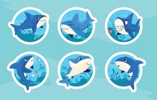 set di adesivi di squalo simpatico cartone animato vettore