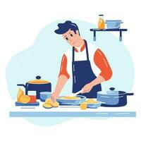 mano disegnato capocuoco cucinando nel il cucina piatto stile illustrazione per attività commerciale idee vettore