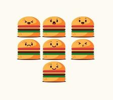 Hamburger cibo icone impostato con espressioni vettore illustrazione