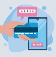 tecnologia di pagamento online con smartphone e carta di credito vettore