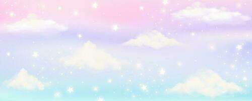 rosa cielo sfondo con nuvole e stelle. pastello colore astratto sognare illustrazione. Magia Paradiso sfondo. carino unicorno paesaggio. vettore
