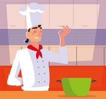 chef di cucina uomo con pentola in cucina ristorante design vettore