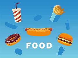 fast food hot dog hamburger patatine fritte ciambella soda con ombra su sfondo blu vettore