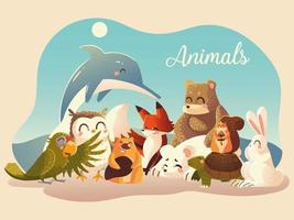 simpatici animali pappagallo coniglio volpe scoiattolo orso volpe castoro delfino gufo e tartaruga vettore