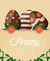 carta di buona Pasqua con scritte e uova dipinte vettore