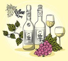 bicchieri di vino e bottiglie con frutti d'uva vettore