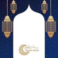 scheda di celebrazione del ramadan kareem con lanterne dorate vettore
