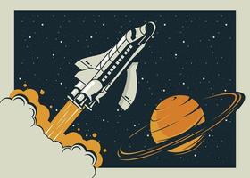 astronave e Saturno in stile vintage poster vettore
