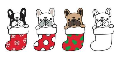 cane vettore francese bulldog Natale calzino natale Santa Claus fiocco di neve cartone animato personaggio icona logo illustrazione