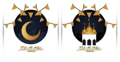 carta di celebrazione di eid al adha con luna e moschea vettore