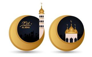 carta di celebrazione di eid al adha con lune e moschea vettore