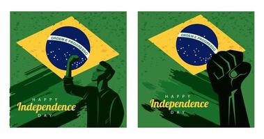 brasile felice giorno dell'indipendenza con bandiera e silhouette uomo forte vettore