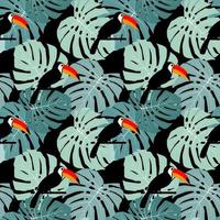 Tropic toucan bird e palm leaf seamless pattern design di sfondo vettore